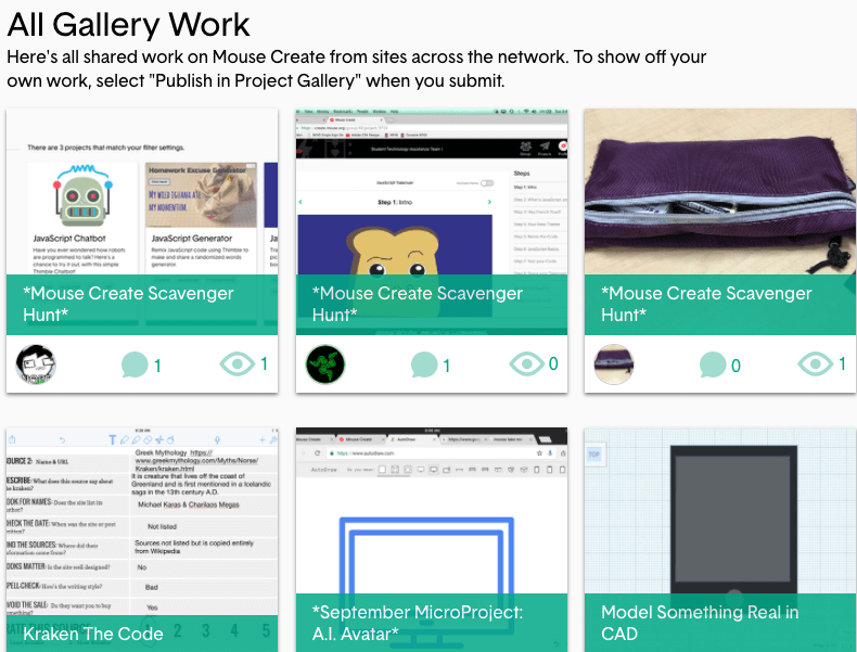 Screencast of Project Gallery on the Mouse Create platform